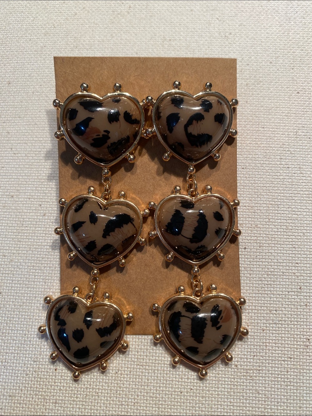 Leopard Print Heart Drop Earrings in Gold